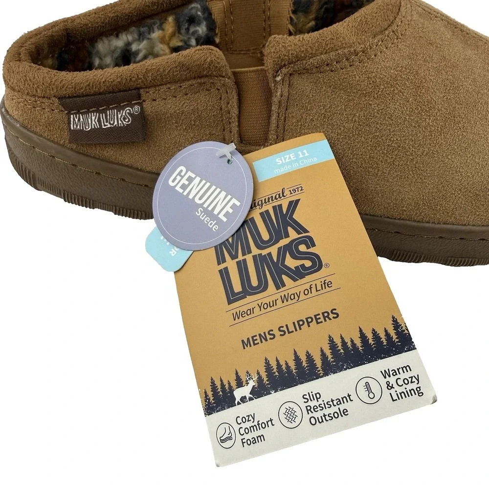 New Muk Luks Slipper Slide Shoe Mens US 11 Tan Suede Leather Plush Fleece Lined